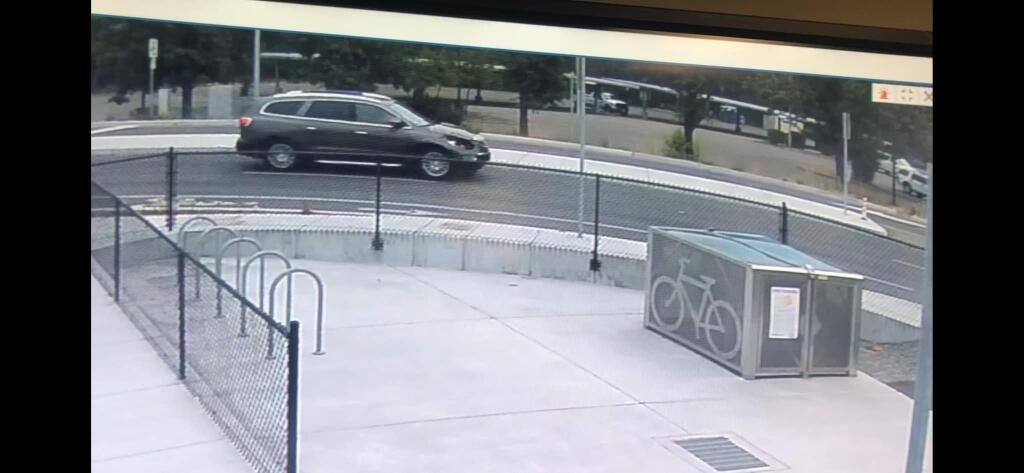 Security camera footage shows a damaged SUV that CHP believes was responsible for a fatal collision with a pedestrian along River Road, Sunday, Aug. 27, 2023. The driver fled the scene. (California Highway Patrol)