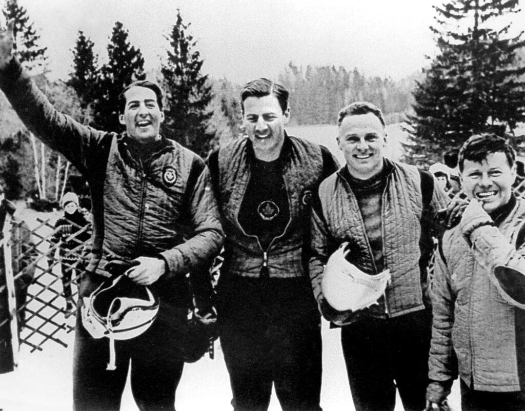 John Emery, far left, with his gold medal-winning bobsleigh team at the 1964 Olympics in Innsbruck, Austria. (Canadian Press)