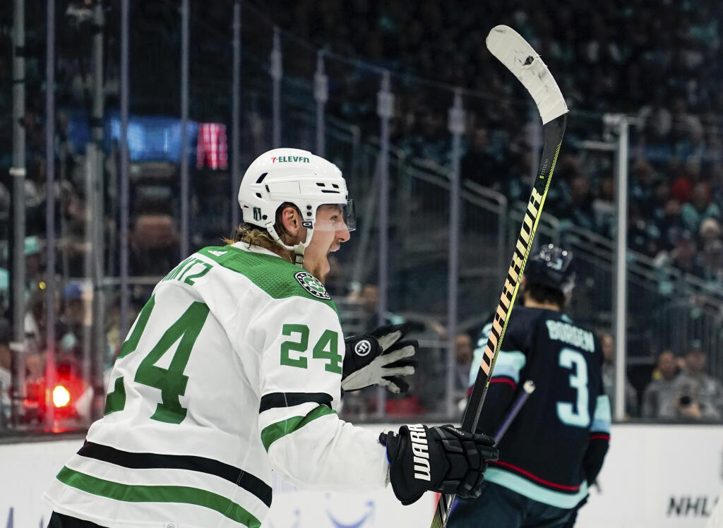Dallas Stars center Roope Hintz celebrates his goal against the Seattle Kraken during the second period of Game 4 of their second-round playoff series Tuesday, May 9, 2023, in Seattle. (Lindsey Wasson / ASSOCIATED PRESS)