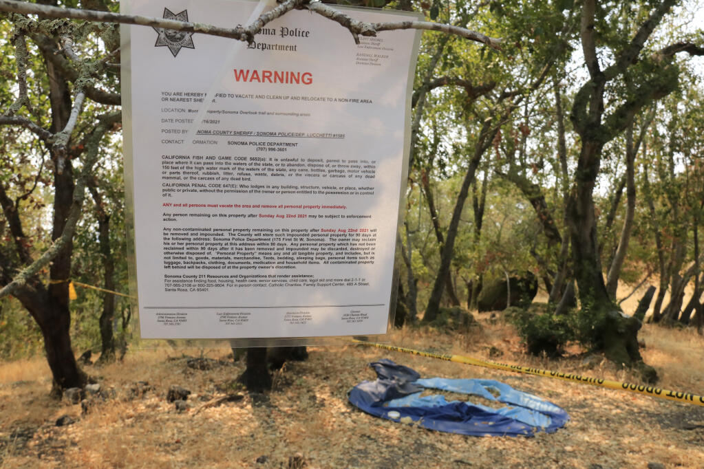 The City of Sonoma recently posted eviction notices aimed at the homeless residents who live on the Montini Preserve. (Christian Kallen/Sonoma Index-Tribune)