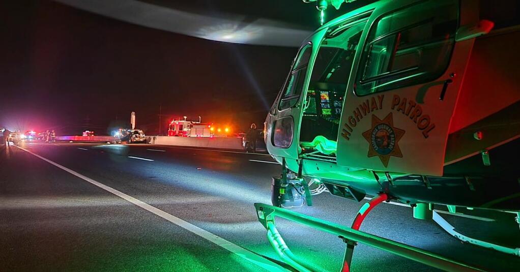 A California Highway Patrol helicopter at the scene of fatal crash on Highway 101 near Petaluma on Saturday, Dec. 11, 2021. (CHP’s Golden Gate Division Air Operations / Facebook)
