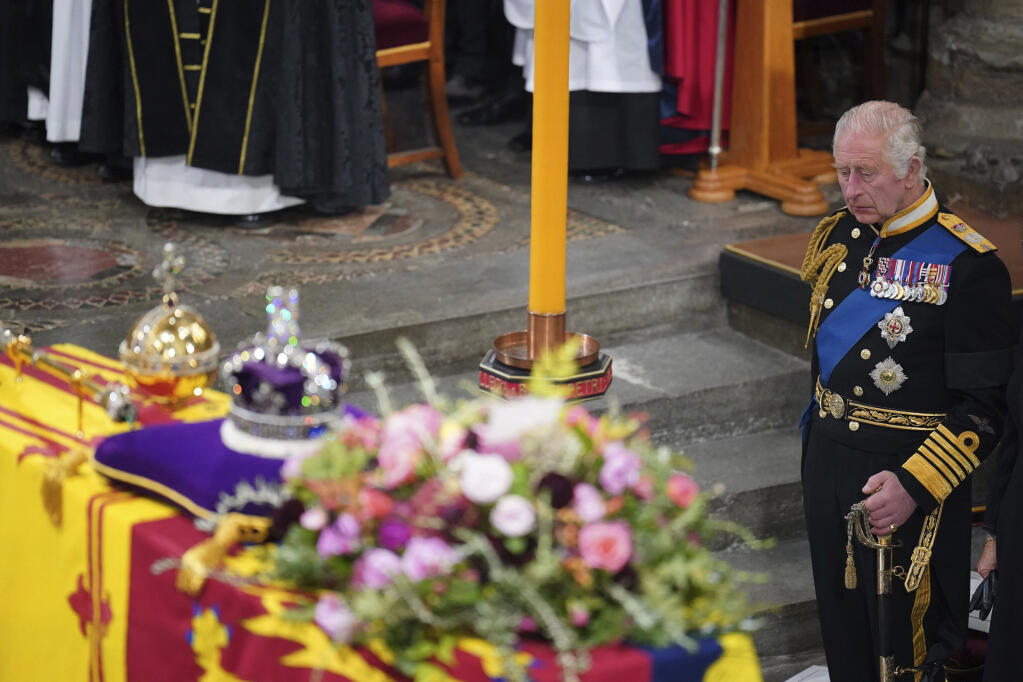 King Charles III during the funeral service of Queen Elizabeth II at Westminster Abbey in central London, Monday Sept. 19, 2022. (Dominic Lipinski/Pool via AP)
