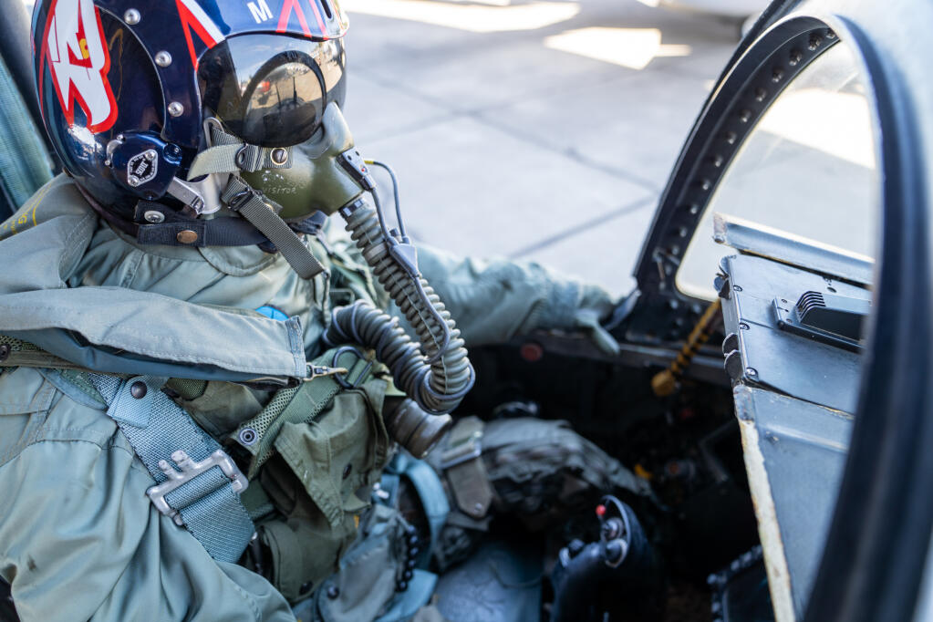 A mannequin dressed up as Maverick from “Top Gun” sits inside an F/A-18A fighter jet at the Pacific Coast Air Museum in Santa Rosa on Saturday, May 21, 2022. (Adam Pardee / For The Press Democrat)