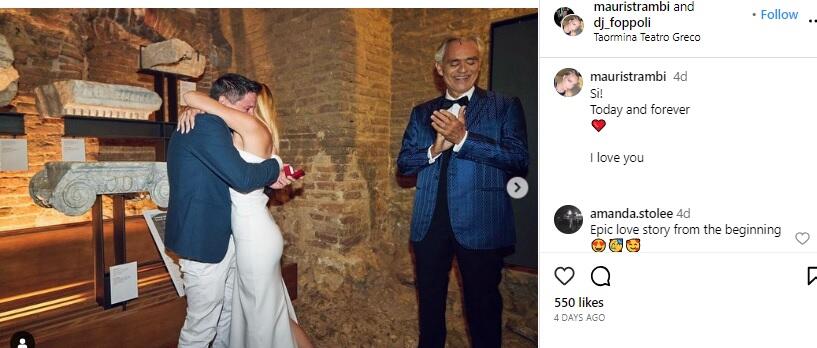 A screenshot from Instagram video showing Dominic Foppoli with his fiancee and tenor Andrea Bocelli.  (mauristrambi / Instagram)