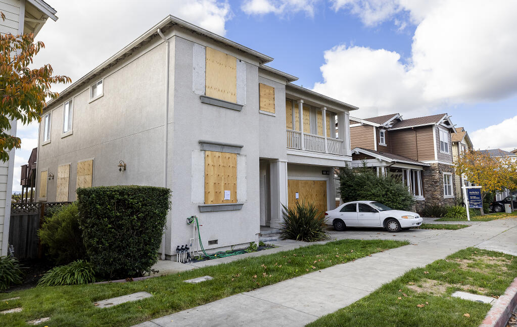 A house at 2083 Cooper Drive in Santa Rosa was boarded up after drug abatement case against homeowner/property allegedly hosting narcotics trafficking and creating a nuisance in the neighborhood. Photo taken on Thursday, November 4, 2021.   (Photo by John Burgess/The Press Democrat)