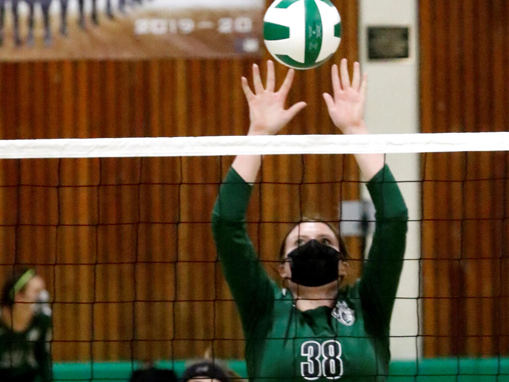 Sonoma’s Campbell Rolston (#38) goes up for a block during spring match against Casa Grande. The Dragons fell to the Gauchos on Oct. 14, 2021, despite Rolston’s 12 kills.  (Bill Hoban/Special to the Index-Tribune)