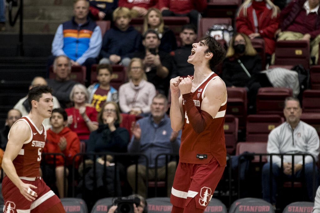Stanford forward Maxime Raynaud reacts during the second half against Oregon in Stanford, Saturday, Jan. 21, 2023. Stanford won 71-64. (John Hefti / ASSOCIATED PRESS)
