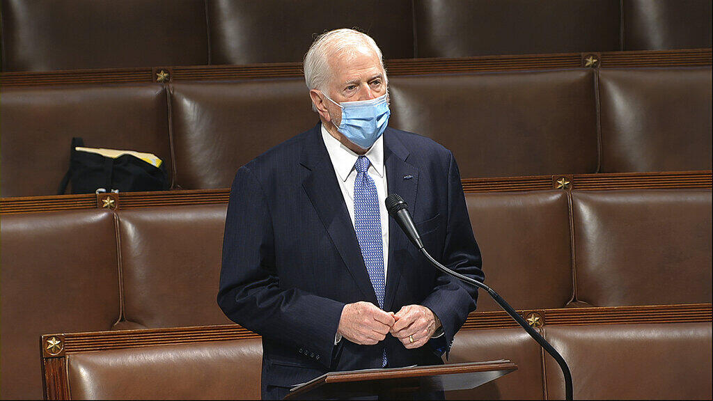 Rep. Mike Thompson speaks on the floor of the House of Representatives at the U.S. Capitol in Washington, April 23, 2020. (House Television via AP)