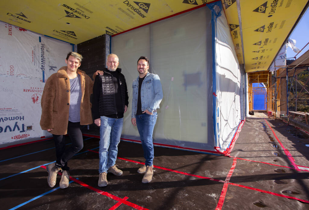 From left, designers and builders Alex Mutter-Rottmayer, Jim Rottmayer and Austin Carrier in their latest housing project in Glen Ellen. (Photo by Robbi Pengelly/Index-Tribune)