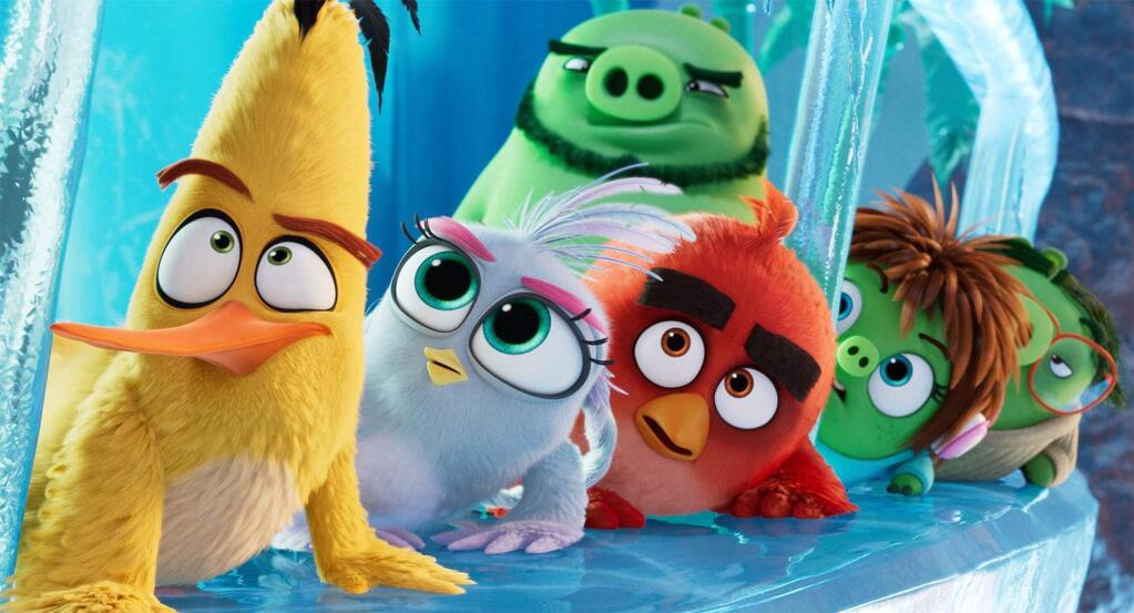 “The Angry Birds Movie 2” follows the adventures of, from left: Chuck (voice of Josh Gad), Silver (Rachel Bloom), Leonard (Bill Hader), Red (Jason Sudeikis) and Courtney (Awkwafina) and Garry (Sterling K. Brown). (Sony Pictures/Columbia Pictures/Rovio Animations)