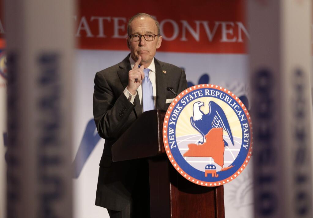 FILE- In this May 14, 2014, file photo, Larry Kudlow speaks at the New York State Republican Convention in Rye Brook, N.Y. For a decade and a half, Kudlow has been a fixture on CNBC. On Tuesday, March 13, 2018, President Donald Trump said he was looking “very strongly” at naming Kudlow, who has spent decades writing and speaking about economic policy, to be director of the National Economic Council. (AP Photo/Seth Wenig, File)