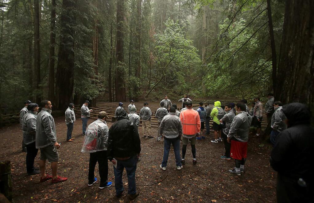 Soldiers with the Wounded Warrior Project pause at the amphitheater in Armstrong Redwoods State Reserve in 2016. (KENT PORTER/ PD)