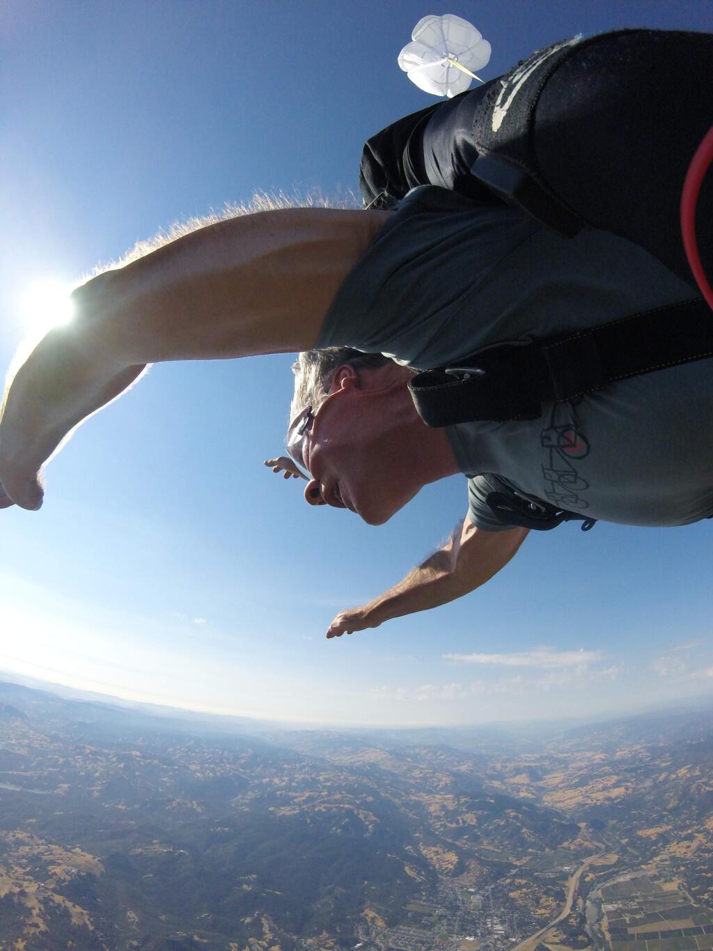 After much hemming and hawing, Clark Mason goes airborne over Cloverdale. (Photo courtesy of NorCal Skydiving)