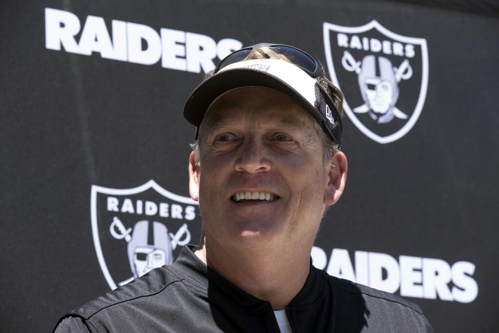 Oakland Raiders head coach Jack Del Rio talks to the media following NFL football rookie minicamp, Friday, May 5, 2017, at Raiders headquarters in Alameda, Calif. (AP Photo/D. Ross Cameron)