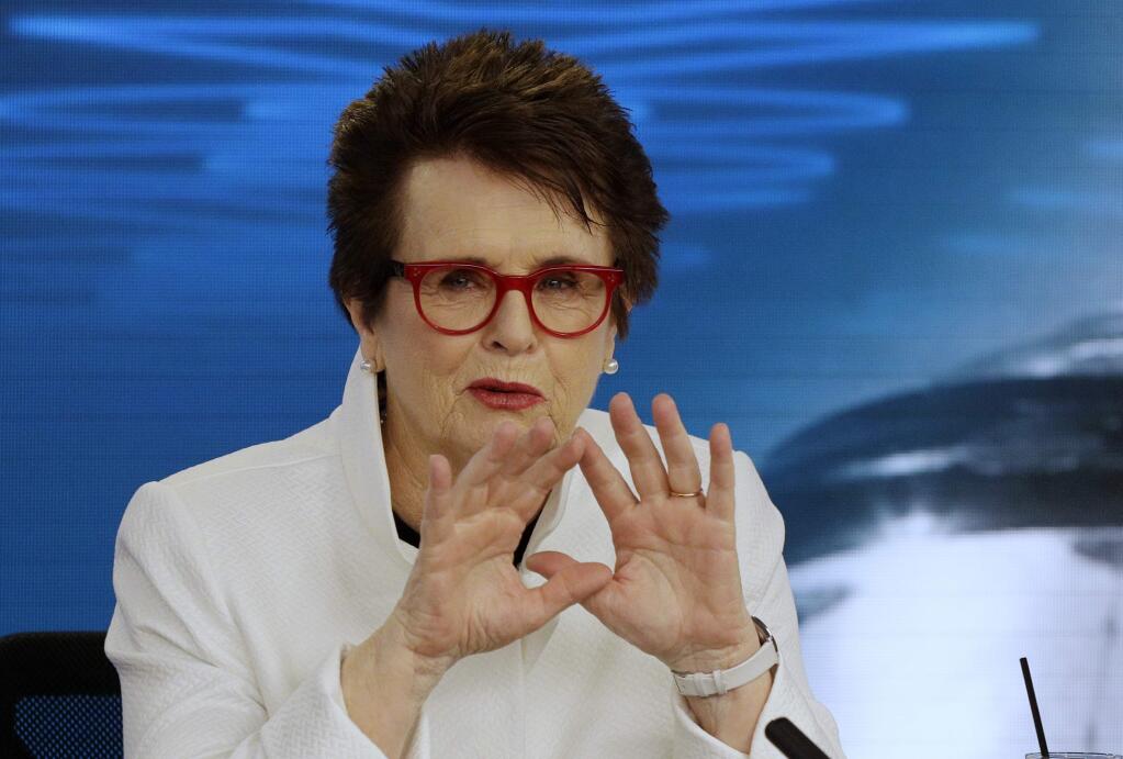 Billie Jean King, former ladies singles champion gestures during a press conference ahead of the Australian Open tennis championships in Melbourne, Australia Friday, Jan. 12, 2018. King is in Melbourne to celebrate the 50th anniversary of her Australian Open victory. (AP Photo/Mark Baker)