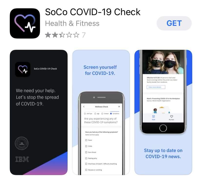 A screenshot of the SoCo COVID-19 app, shown on the Apple App Store.