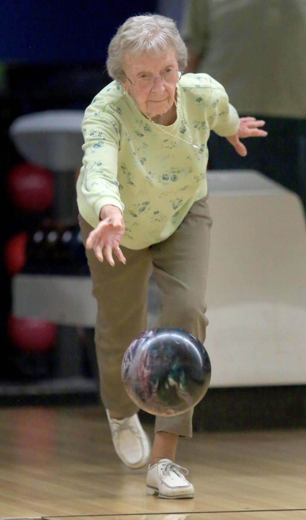 PHOTO: 1 by KENT PORTER / The Press Democrat-Aileen Kauer, 93, bowls earlier this month at the Windsor Bowling Center.