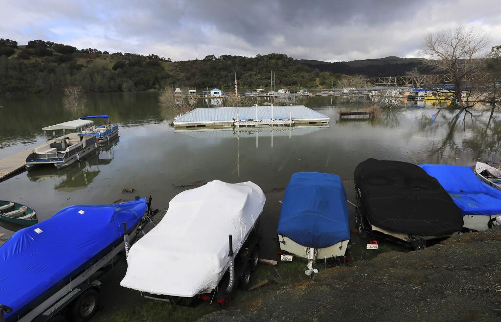 The parking lot and office of the Lake Sonoma Marina were flooded by rising lake levels on Thursday, January 12, 2017. (John Burgess/The Press Democrat)