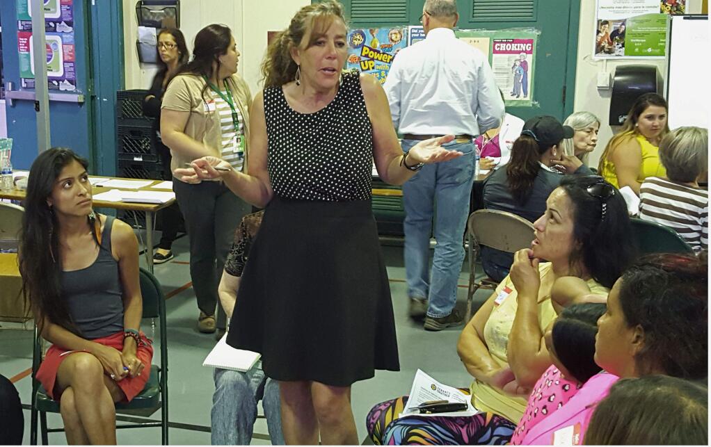 Ronit Rubinoff, Executive Director of LegalAid Sonoma county, explains the process of tenant eviction at a community meeting at El Verano Elementary, April 6, 2016. (Christian Kallen/Index-Tribune)