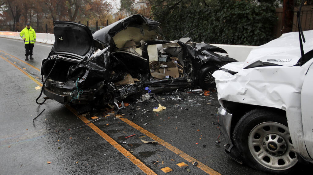 Two people were killed in a collision, Monday, Jan. 4, 2021 on Highway 12 in Oakmont, (Kent Porter / The Press Democrat) 2021