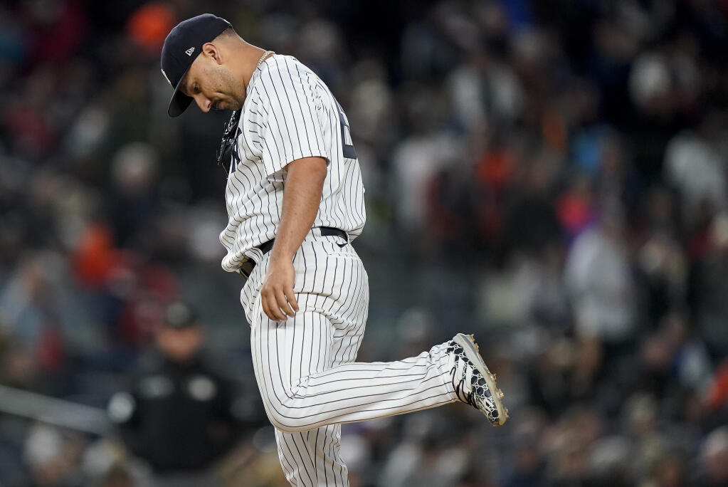 Yankees starting pitcher Nestor Cortes reacts after giving up a three-run home run to the Houston Astros’ Jeremy Pena during the third inning of Game 4 of the American League Championship Series, Sunday, Oct. 23, 2022, in New York. (John Minchillo / ASSOCIATED PRESS)