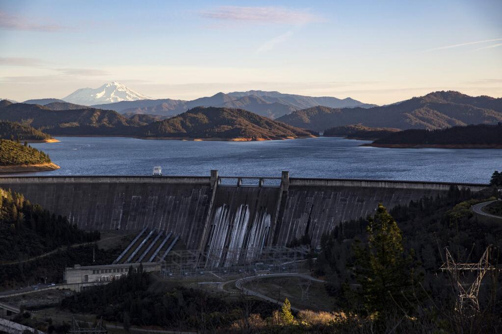 Mount Shasta, seen as a backdrop to Upper Lake Shasta, at the Shasta Dam on February 17, 2018 in Shasta County, California. (Kent Nishimura/Los Angeles Times/TNS)
