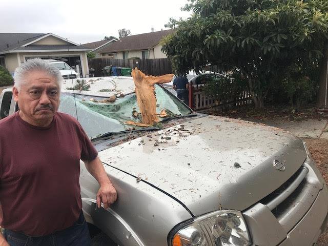 Efrain Andrede stands beside his pickup on Becky Court in Rohnert Park on Friday, Sept. 10, 2021.. The truck was one of at least four vehicles damaged by fragments of a tree in Andrede’s front yard that “exploded,” he said, when struck by lightning around 9:15 p.m., Thursday.  (Austin Murphy / The Press Democrat)