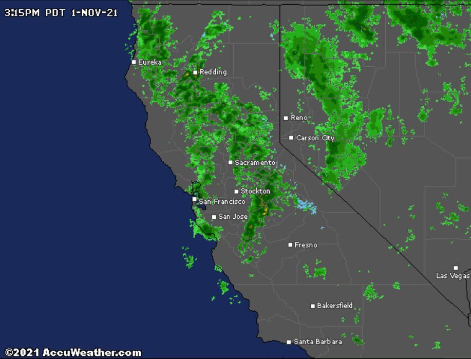 A screenshot of a radar map showing rain over the Bay Area, Monday, Nov. 1, 2021. (AccuWeather)