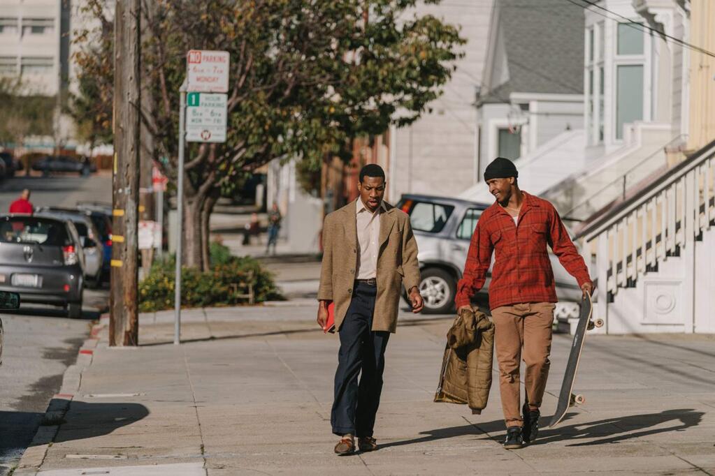 Jonathan Majors, left, and Jimmie Fails in “The Last Black Man in San Francisco,' about Failswho dreams of reclaiming the Victorian home his grandfather built in the heart of San Francisco. Joined on his quest by his best friend Mont, Jimmie searches for belonging in a rapidly changing city that seems to have left them behind. (a24)