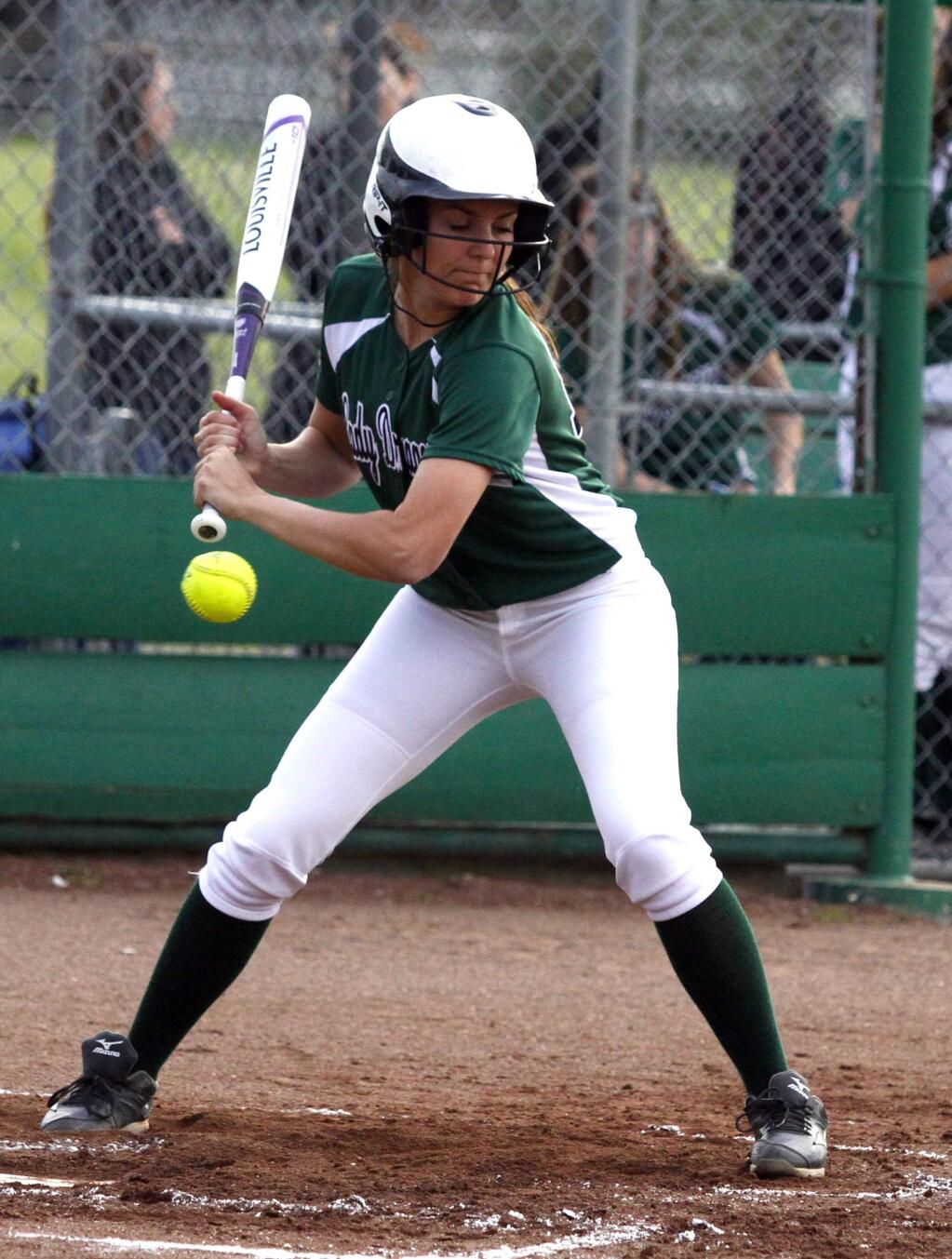 Bill Hoban/Index-TribuneSonoma's Hannah Herrick, seen taking a pitch during a recent game at the high school field, pitched a two-hitter with nine strikeouts, while singling and scoring two runs in the Lady Dragons' win over Clear Lake during the weekend's Ukiah hosted Wildcat Tournament.
