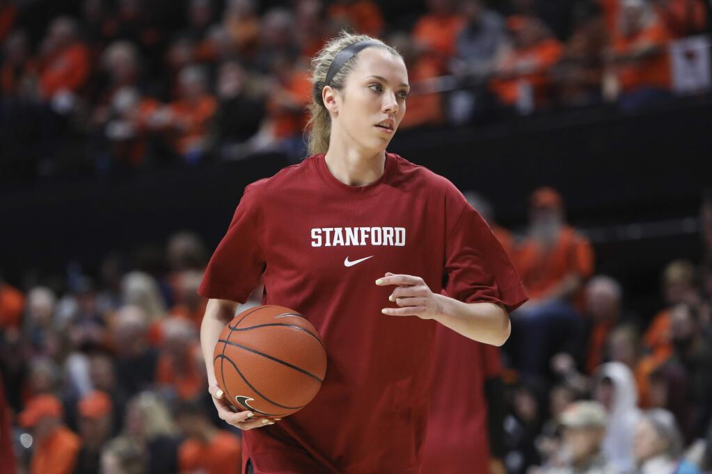 Stanford's Lexie Hull warms up prior to a game against Oregon State in Corvallis, Ore., Sunday, Jan. 19, 2020. (AP Photo/Amanda Loman)
