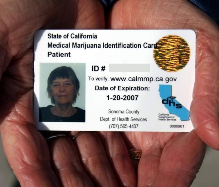 2/19/2006: B1: Ernest 'Doc' Knapp left, applies for a state medical marijuana identification card Thursday at the Sonoma County Health Department in Santa Rosa. His wife, Kaumari Sivadas, right, already has a card, top photo above.PC: news/ --2 of 2--The Medical Marijuana Identification Card for Kumari Sivadas purchased from the State of California Health Department. Note, the ID # on the card has been digitally grayed out. (Kent porter / The Press Democrat0 2006