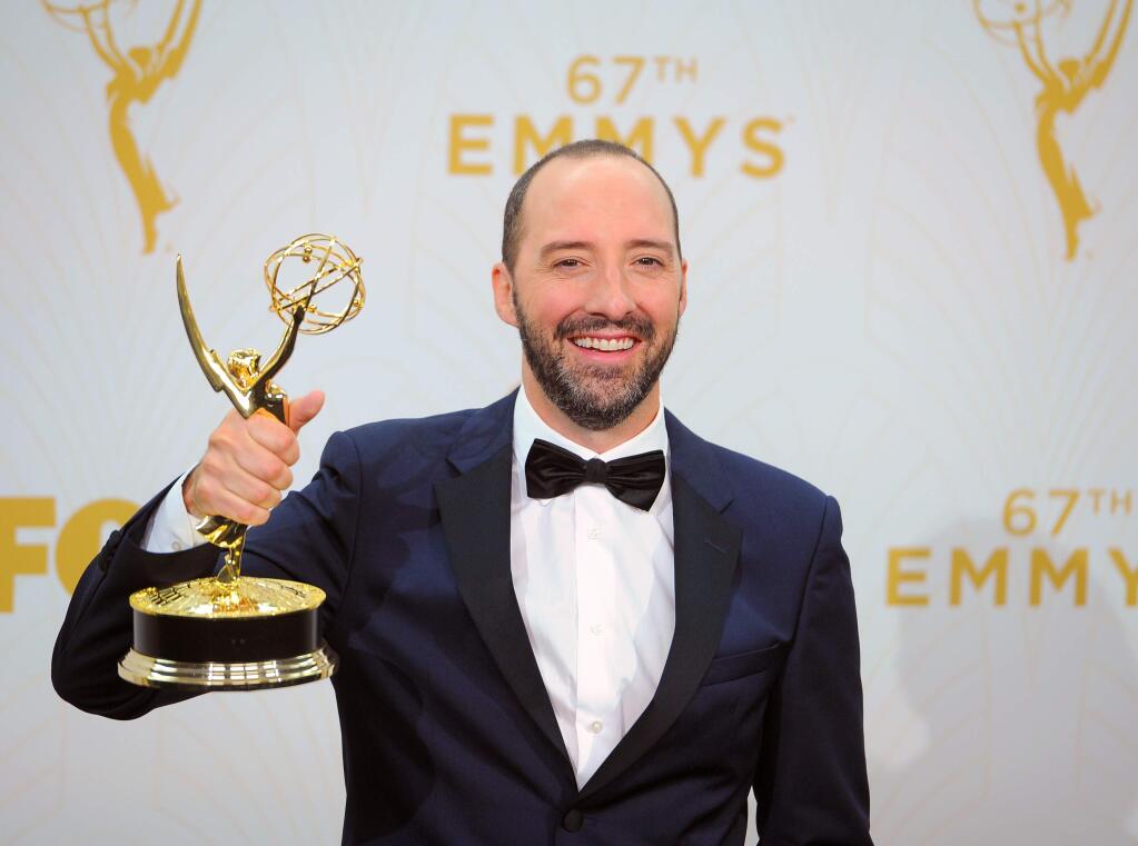 IMAGE DISTRIBUTED FOR THE TELEVISION ACADEMY - Tony Hale poses with award for outstanding supporting actor in a comedy series for Veep at the 67th Primetime Emmy Awards on Sunday, Sept. 20, 2015, at the Microsoft Theater in Los Angeles. (Photo by Vince Bucci/Invision for the Television Academy/AP Images)
