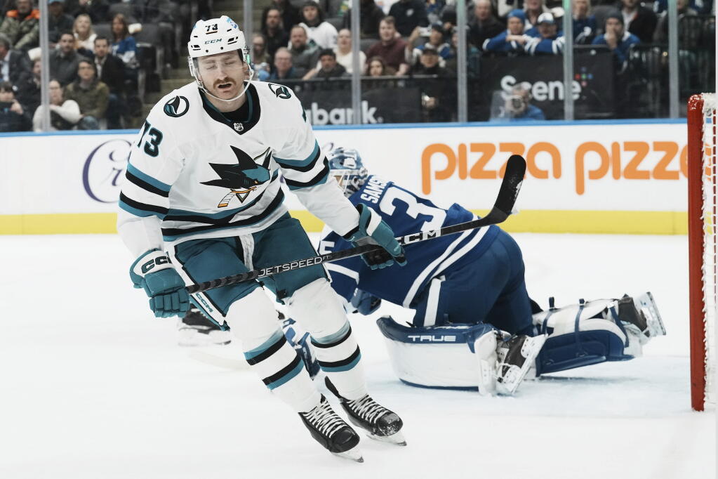 The Sharks’ Noah Gregor reacts after his shot was stopped by Maple Leafs goaltender Ilya Samsonov during Wednesday’s game in Toronto. (Chris Young / Canadian Press)