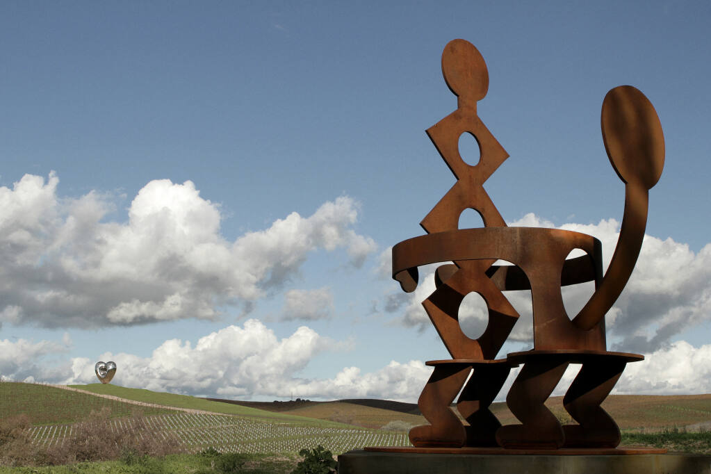 “King and Queen” by Keith Herring; “Love Me” by Richard Hudson in the background at The Donum Estate in Sonoma. (Anthony Laurino)