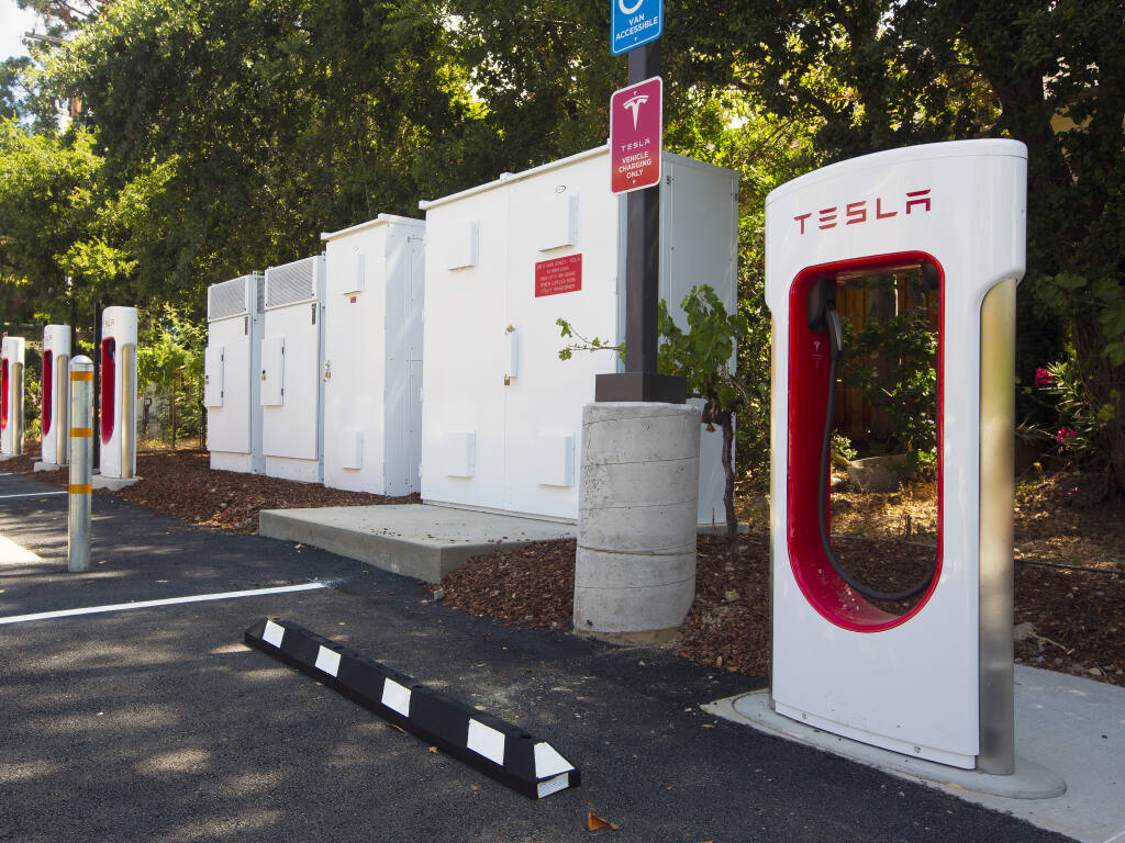 Eight Tesla EV charging stations have been installed on the east side of the Sonoma Community Center on East Napa Street, as of Thursday, July 1, 2021. There are also two universal charging stations in the same area.  (Photo by Robbi Pengelly/IndexTribune)