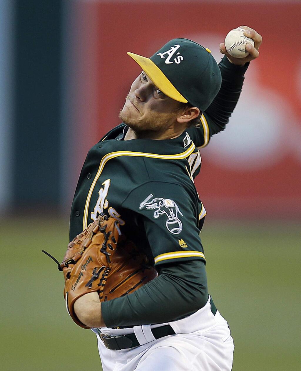 Oakland Athletics pitcher Sonny Gray works against the Tampa Bay Rays in the first inning of a baseball game Thursday, July 21, 2016, in Oakland, Calif. (AP Photo/Ben Margot)
