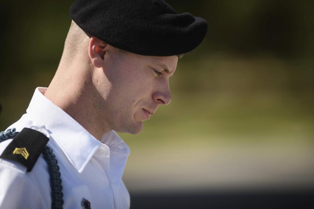 FILE- In this Sept. 27, 2017, file photo, Army Sgt. Bowe Bergdahl leaves a motions hearing during a lunch break in Fort Bragg, N.C. The fate of Bergdahl rests in a judge‚Äôs hands now that the Army sergeant has pleaded guilty to endangering his comrades by leaving his post in Afghanistan in 2009. Sentencing for Bergdahl starts Monday, Oct. 23, at Fort Bragg and is expected to feature dramatic testimony about soldiers and a Navy SEAL badly hurt while they searched for the missing Bergdahl. (Andrew Craft/The Fayetteville Observer via AP, File)