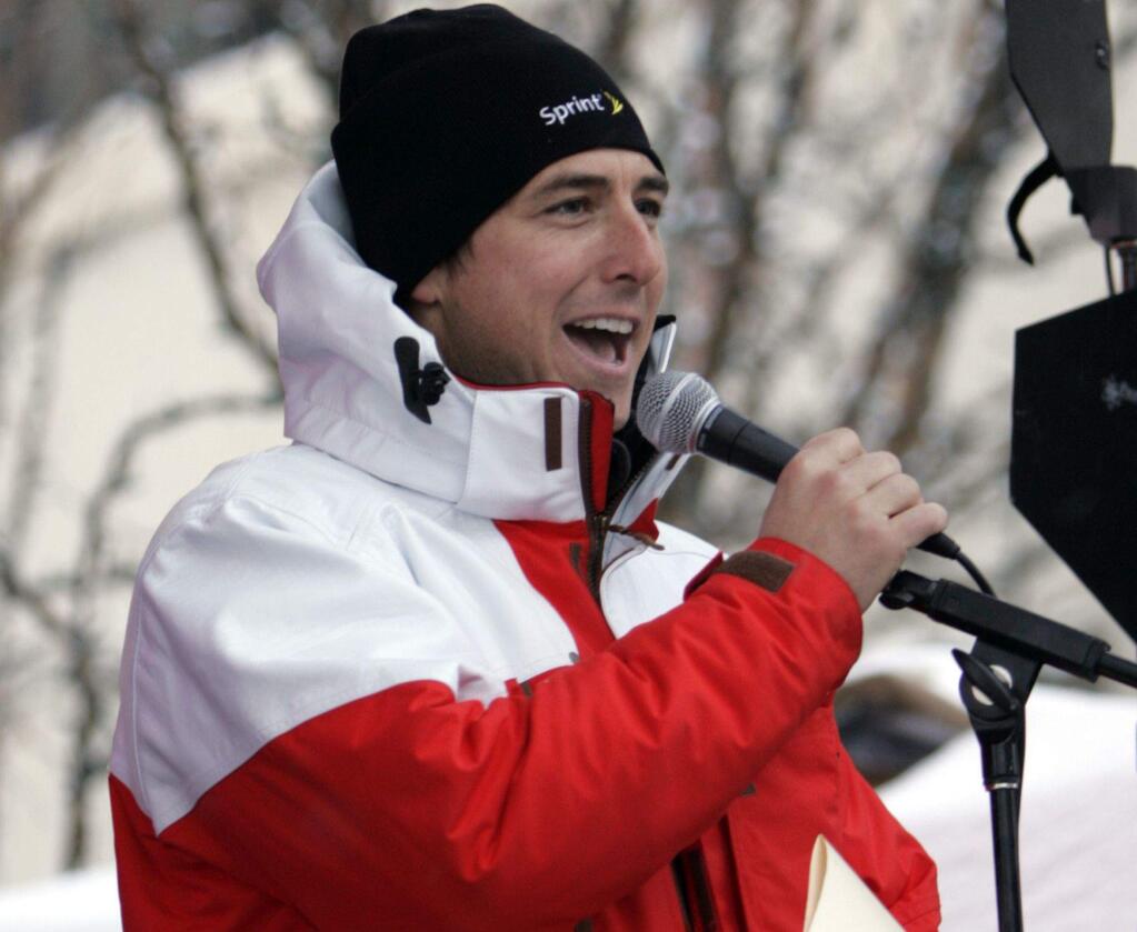 Jonny Moseley introduces the first members of the 2010 Winter Olympic ski team during the Olympic Trials competition in Steamboat Springs, Colo. on Wednesday, Dec. 23, 2009. (AP Photo/Nathan Bilow)