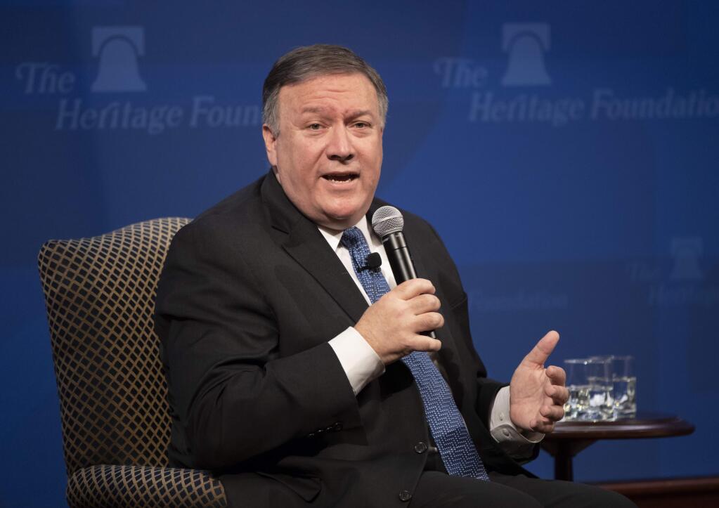 Secretary of State Mike Pompeo speaks at the Heritage Foundation, a conservative public policy think tank, in Washington, Monday, May 21, 2018. Pompeo issued a steep list of demands Monday that he said should be included in a nuclear treaty with Iran to replace the Obama-era deal, threatening 'the strongest sanctions in history' if Iran doesn't change course. (AP Photo/J. Scott Applewhite)