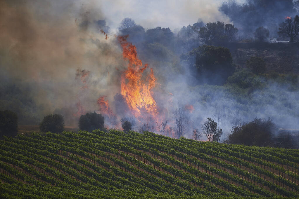 Flames rise in a vineyard in San Martin de Unx in northern Spain, Sunday, June 19, 2022. Firefighters in Spain are struggling to contain wildfires in several parts of the country which as been suffering an unusual heat wave for this time of the year. (AP Photo/Miguel Oses)