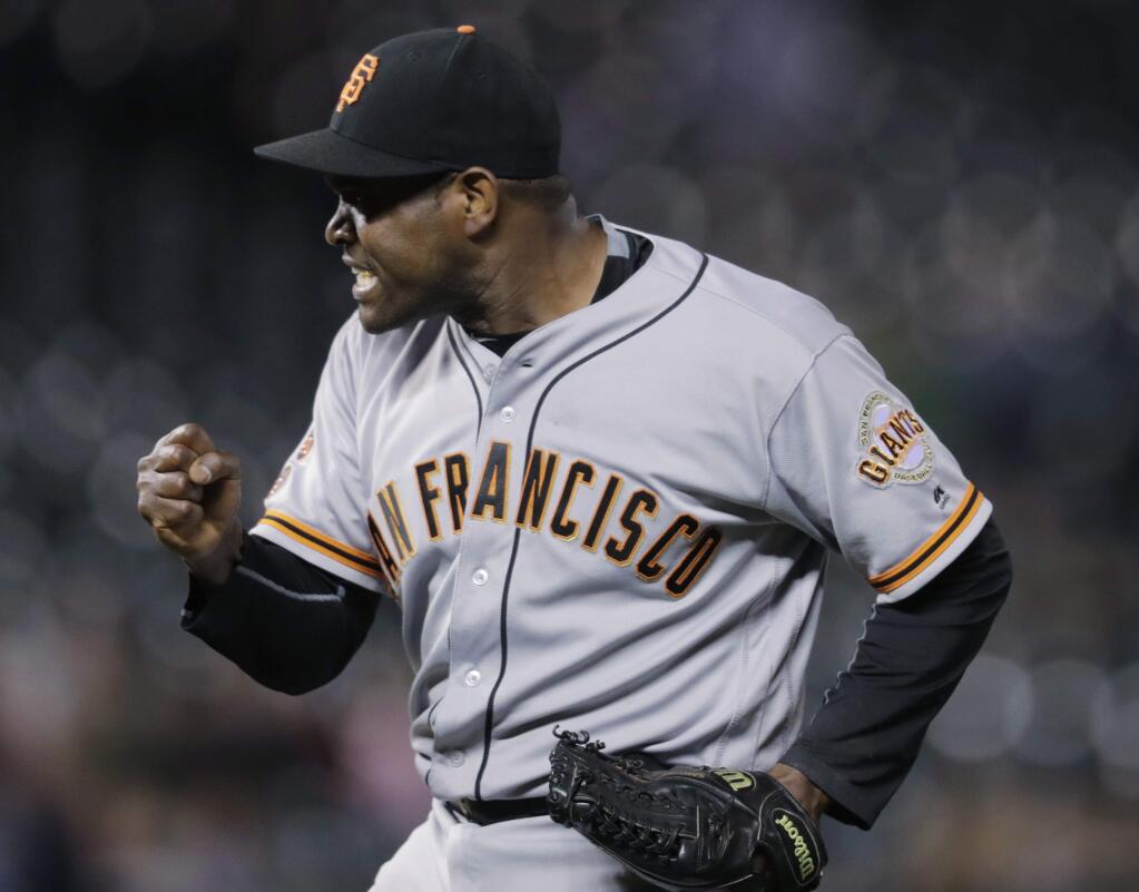 Relief pitcher Santiago Casilla, a former Giant, now with the Oakland A's. (AP Photo/David Zalubowski)