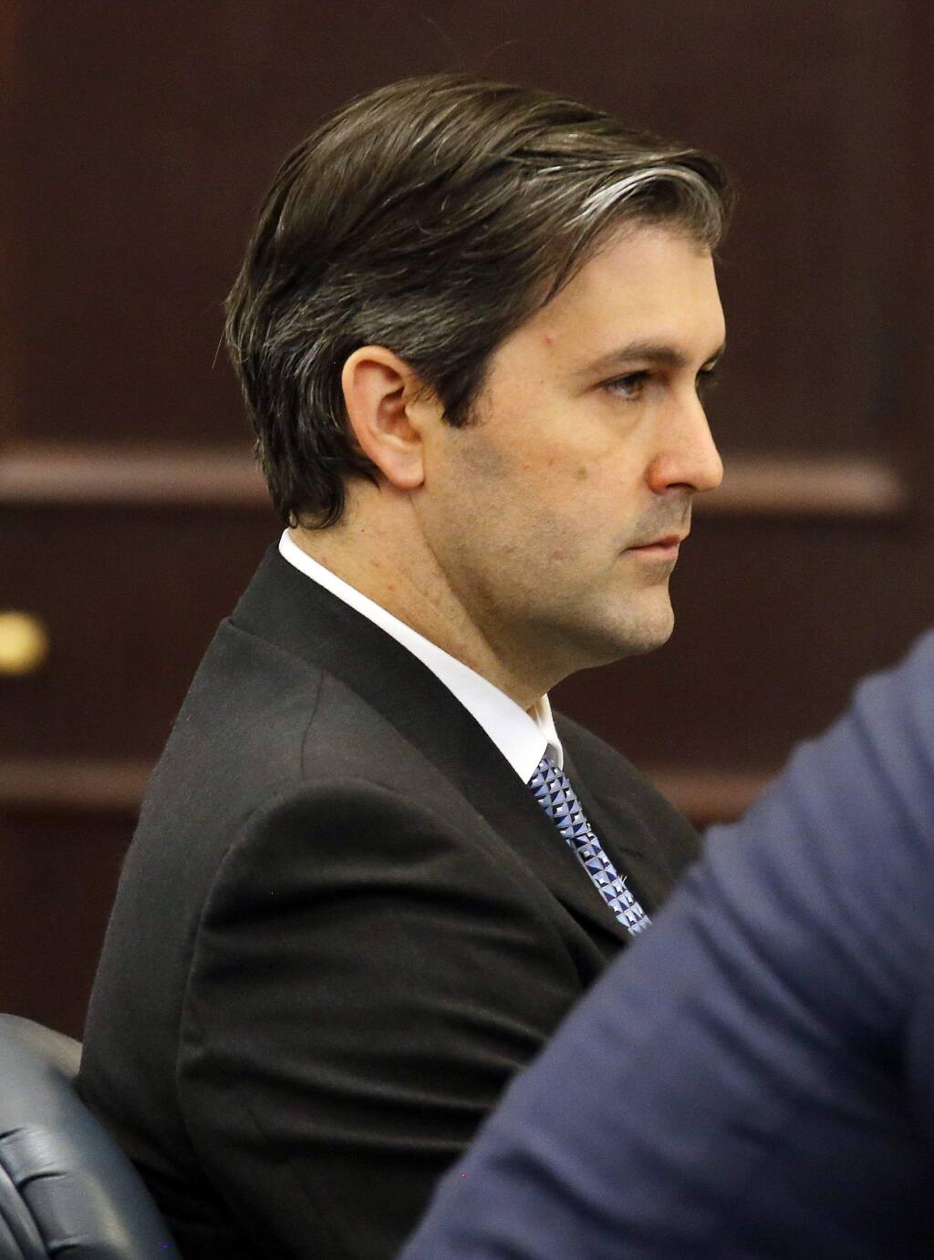 Former North Charleston police officer Michael Slager listens as Judge Clifton Newman declares a mistrial at the Charleston County court in Charleston, S.C., Monday. Dec, 5, 2016. Slager was charged with murder in the shooting death of an unarmed black motorist. (Grace Beahm/Post and Courier via AP, Pool)