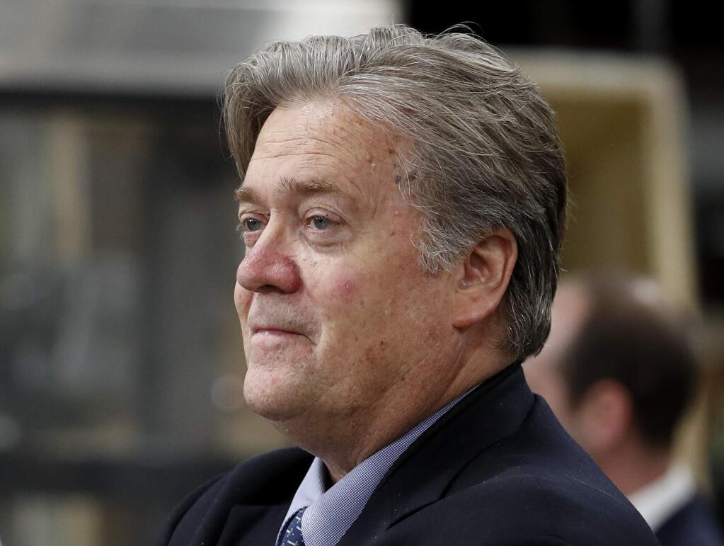 FILE - In this April 29, 2017, file photo, Steve Bannon, chief White House strategist to President Donald Trump is seen in Harrisburg, Pa. (AP Photo/Carolyn Kaster, File)