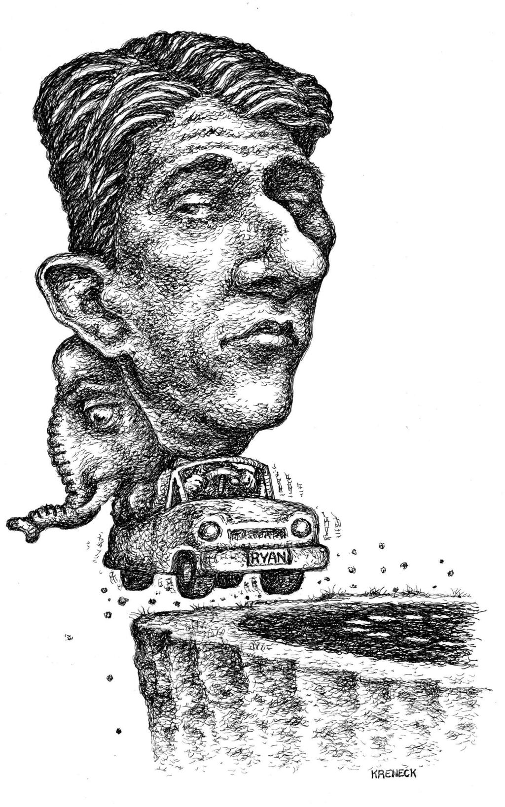 This artwork by Kevin Kreneck relates GOP vice presidential candidate Paul Ryan.
