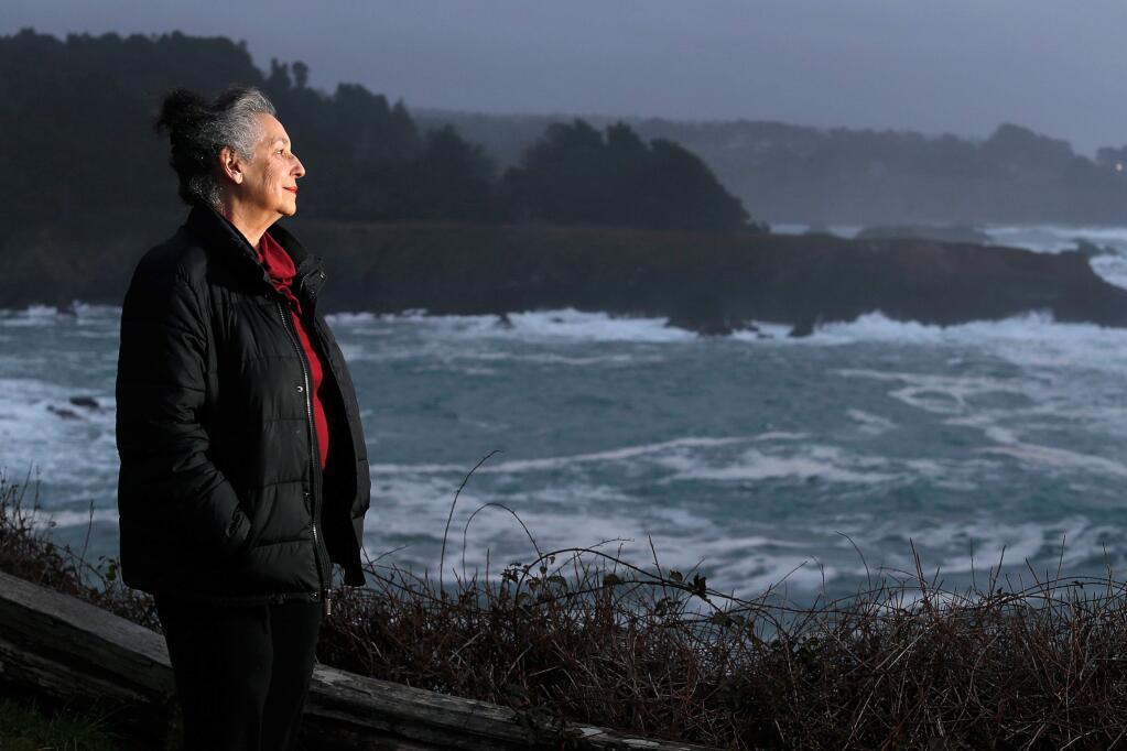 Artist and environmental activist Rachel Binah poses for a portrait overlooking the Russian Gulch State Marine Conservation Area near Mendocino, California, on Wednesday, January 9, 2019. (Alvin Jornada / The Press Democrat)