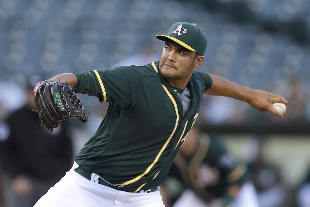 Oakland Athletics pitcher Sean Manaea works against the Tampa Bay Rays during the first inning of a baseball game Friday, July 22, 2016, in Oakland, Calif. (AP Photo/Ben Margot)