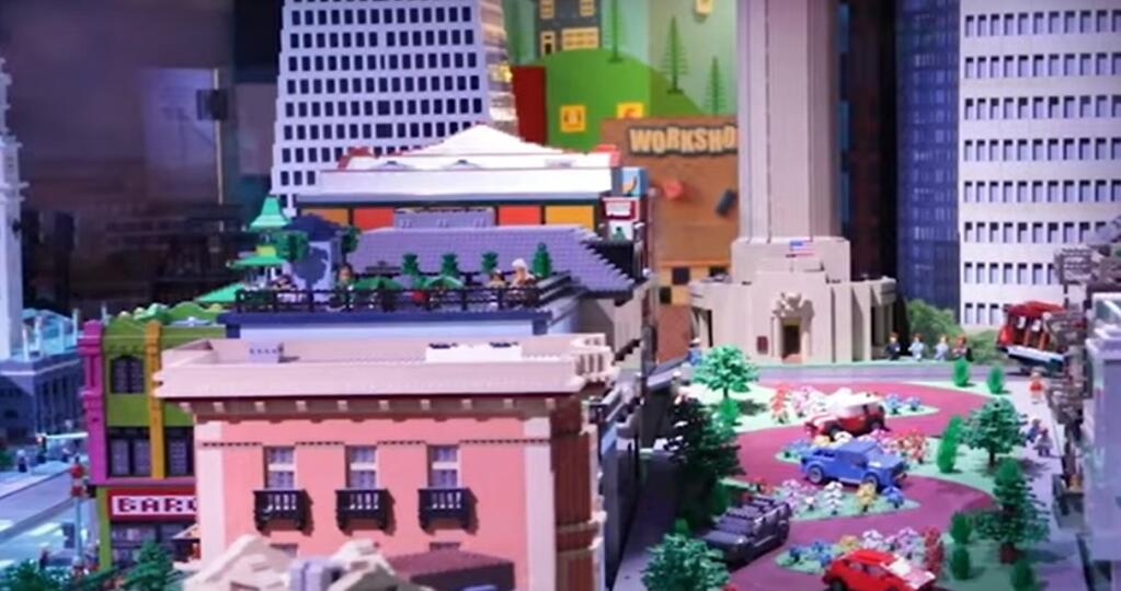 This screenshot from a YouTube video shows a replica of the Bay Area at the Legoland Discovery Center in Milpitas.