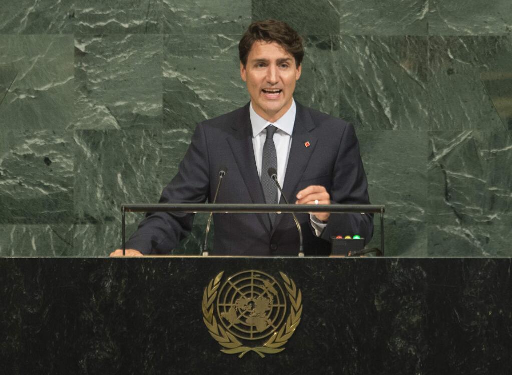 Canadian Prime Minister Justin Trudeau addresses the United Nations General Assembly, at U.N. headquarters, Thursday, Sept. 21, 2017. (Adrian Wyld/The Canadian Press via AP)