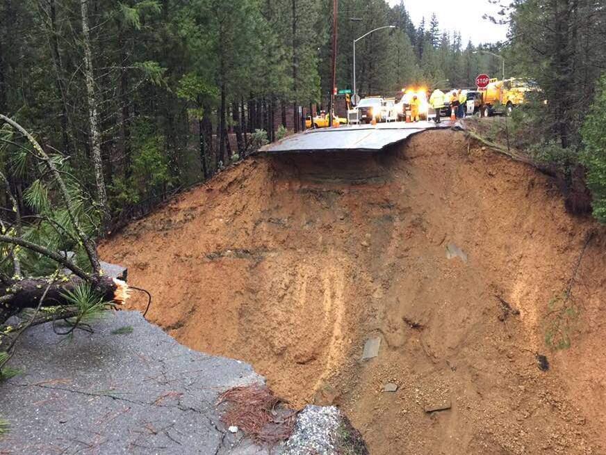 The CHP in Colfax shared images on Facebook of a chunk of Morton Road near the Alta exit of I-80 washed away by recent storms on Wednesday, Jan. 11, 2017. (WWW.FACEBOOK.COM)